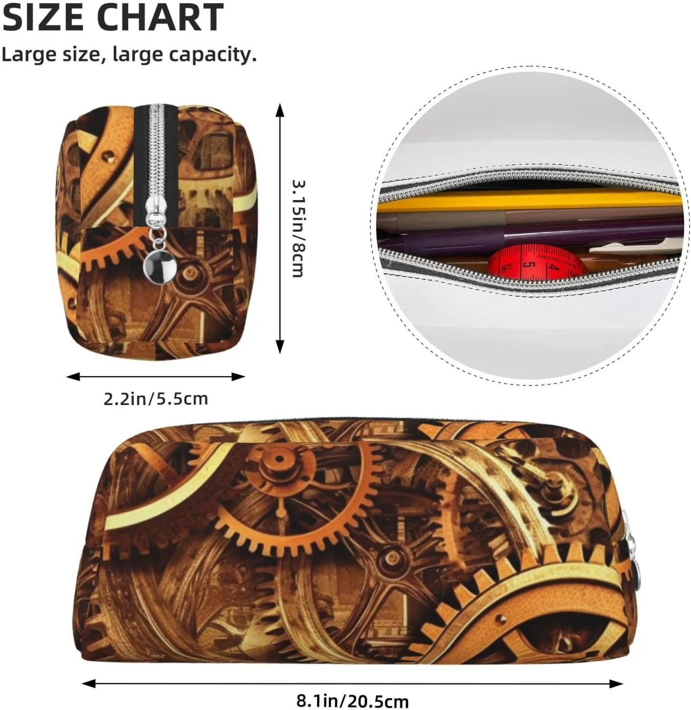 Cool Steampunk Gears Makeup Bag Travel Toiletry Bags Big Pencil Bag for Women Men Leather Zipper Coin Pouch Purse