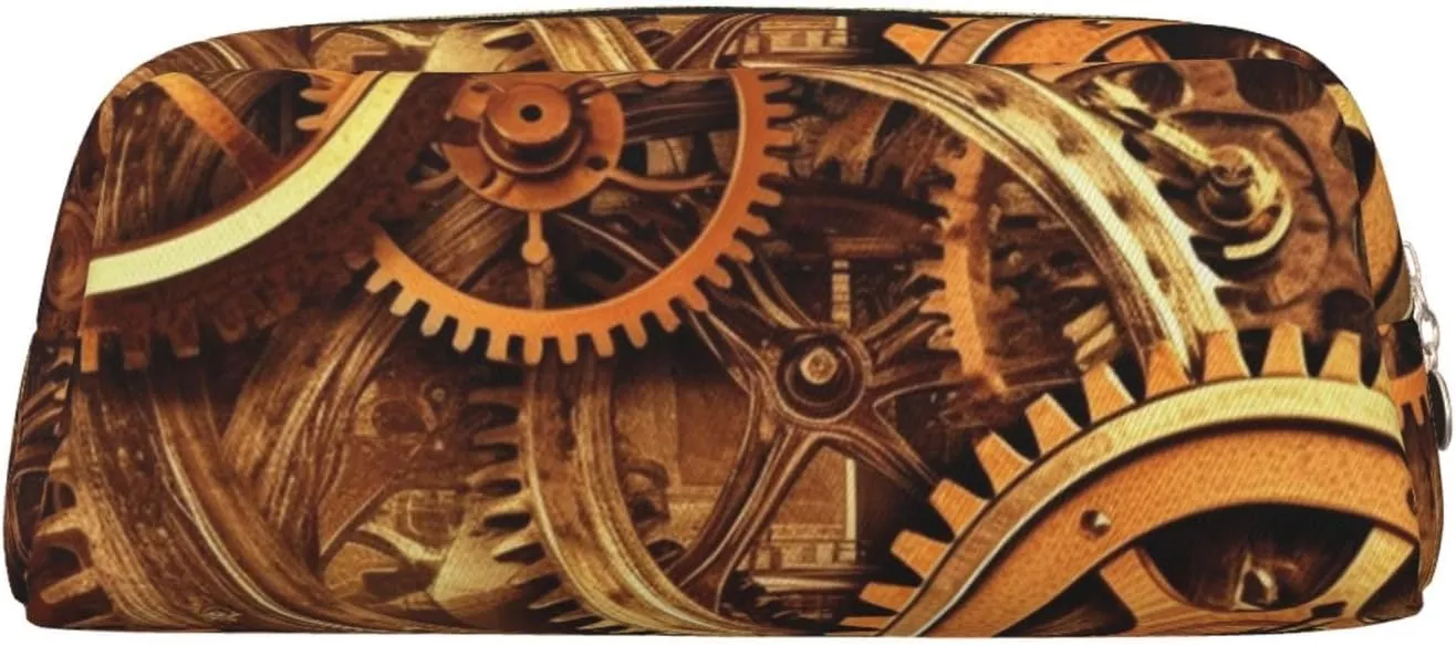 Cool Steampunk Gears Makeup Bag Travel Toiletry Bags Big Pencil Bag for Women Men Leather Zipper Coin Pouch Purse