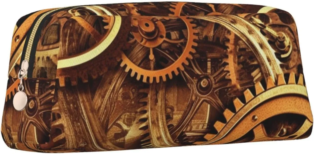 Cool Steampunk Gears Makeup Bag Travel Toiletry Bags Big Pencil Bag for Women Men Leather Zipper Coin Pouch Purse