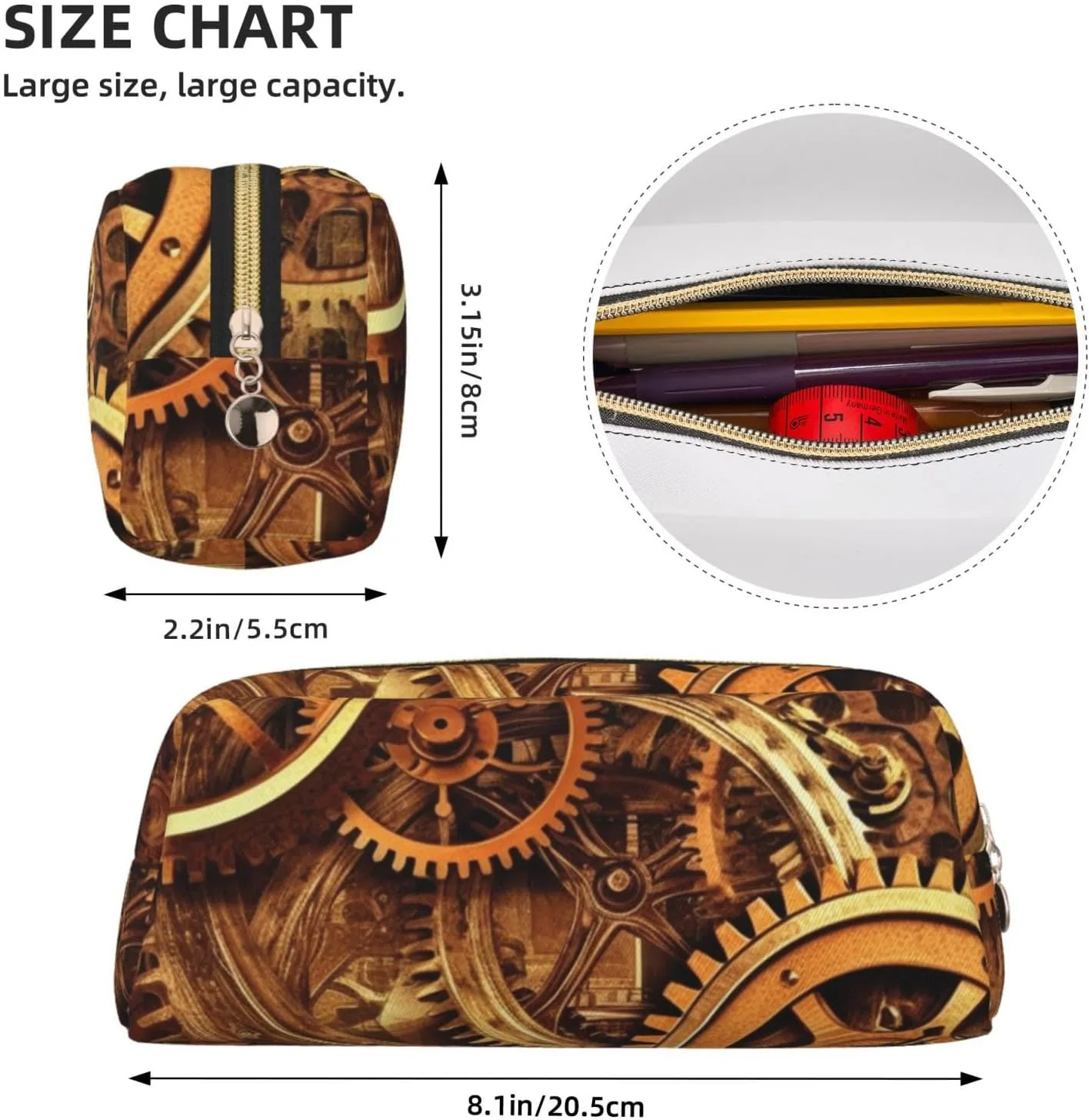 Cool Steampunk Gears Makeup Bag Travel Toiletry Bags Big Pencil Bag for Women Men Leather Zipper Coin Pouch Purse
