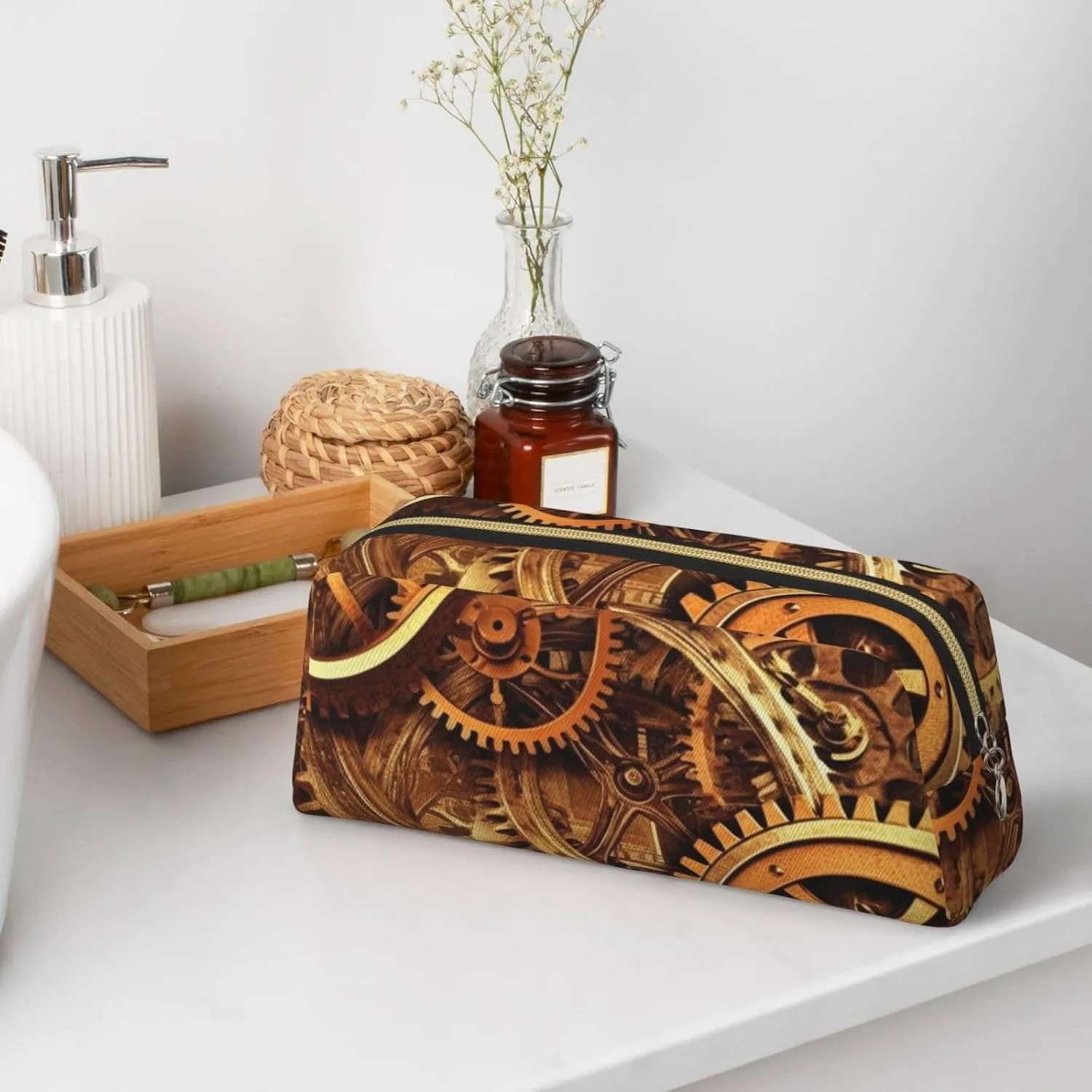 Cool Steampunk Gears Makeup Bag Travel Toiletry Bags Big Pencil Bag for Women Men Leather Zipper Coin Pouch Purse
