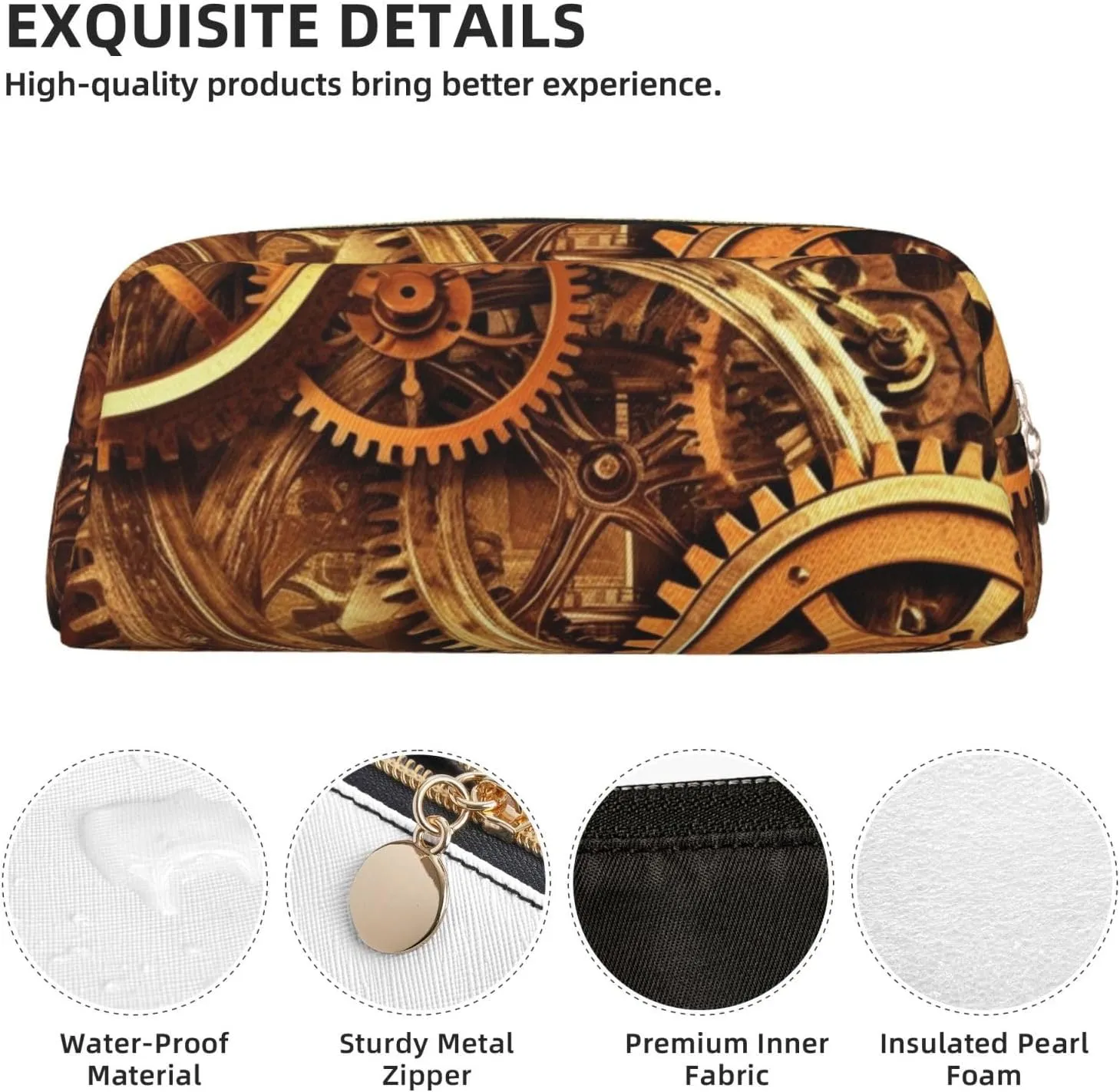 Cool Steampunk Gears Makeup Bag Travel Toiletry Bags Big Pencil Bag for Women Men Leather Zipper Coin Pouch Purse