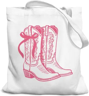Coquette Pink Bow Cowgirl Canvas Tote Bag for Women & Girls, Trendy Gift for Women & Teens