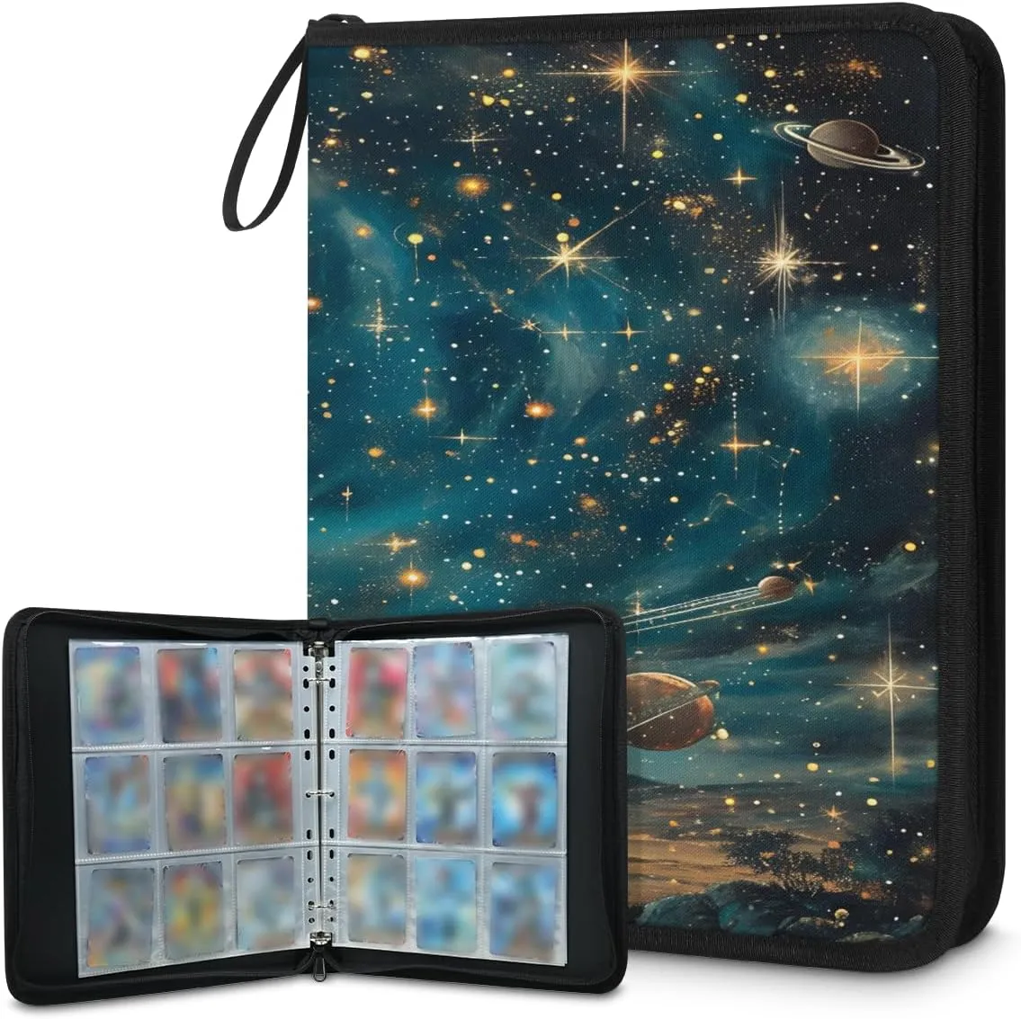 Cosmic Sky 3 Ring Trading Zipper Binder Strap, Trading Card Binder 9 Pocket, 900 Pockets Card Holder with 50 Removable Sleeves for Game Cards