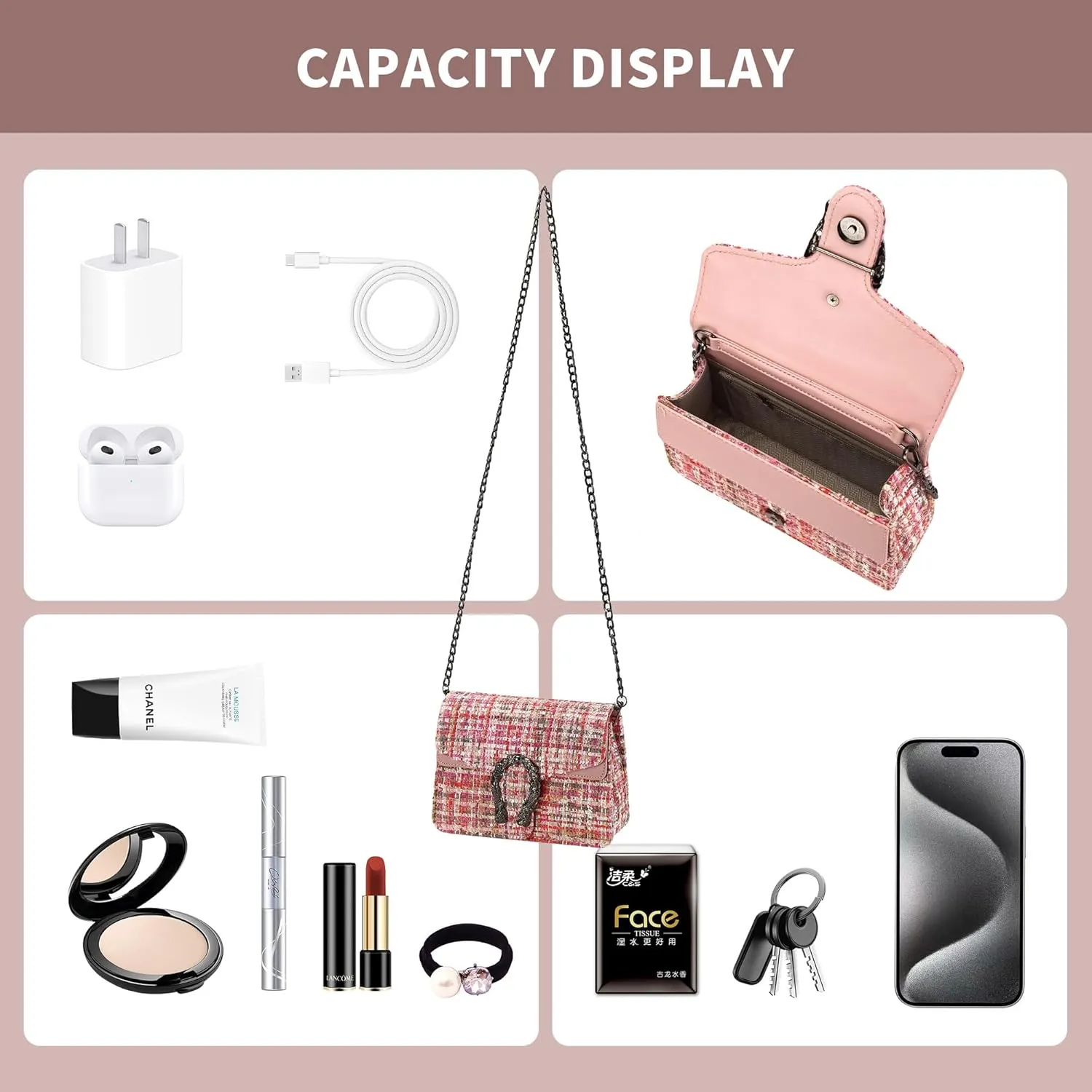 Crossbody Bags for Women Small Handbag Purse Trendy Shoulder Bag Clutch Evening Bag Quilted Satchels, with Chain Strap