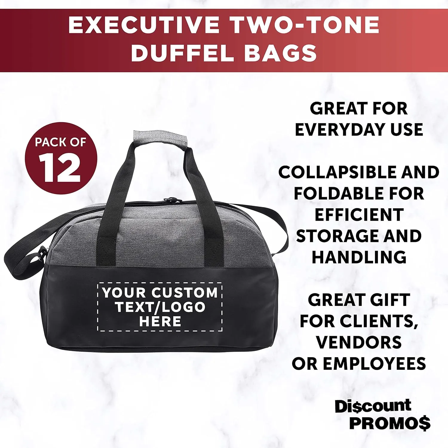 Custom Executive Two-Tone Duffel Bags Set of 12, Personalized Bulk Pack - Great for Everyday Use, Perfect for Business Travels, Executives Trips and More - Grey