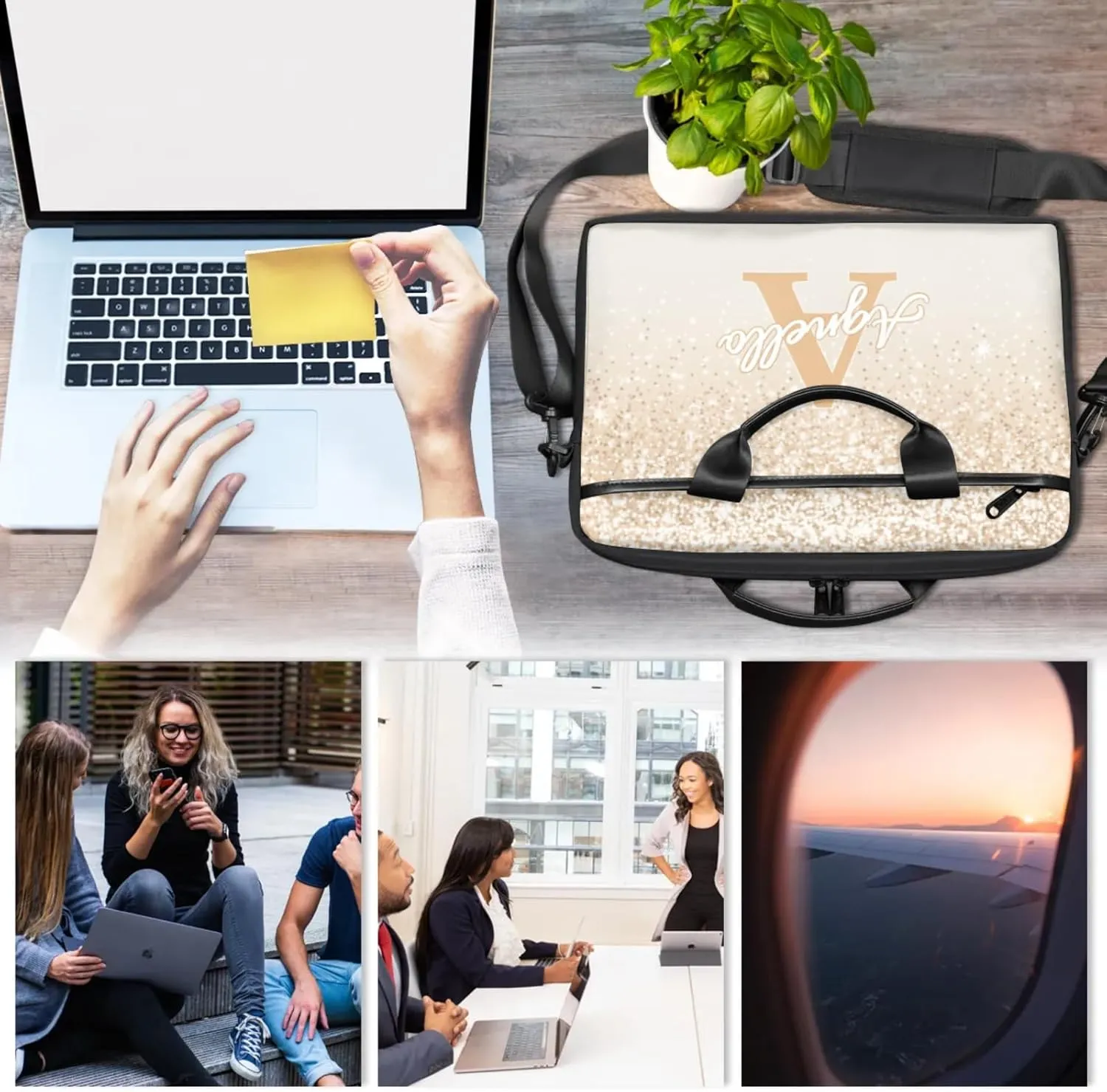 Custom Glitter Capital Laptop-Bags, Personalized Name Computer Bags Laptop Case for Business Work, 15 Inch