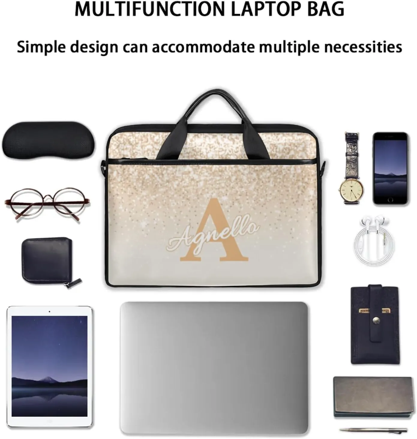 Custom Glitter Capital Laptop-Bags, Personalized Name Computer Bags Laptop Case for Business Work, 15 Inch
