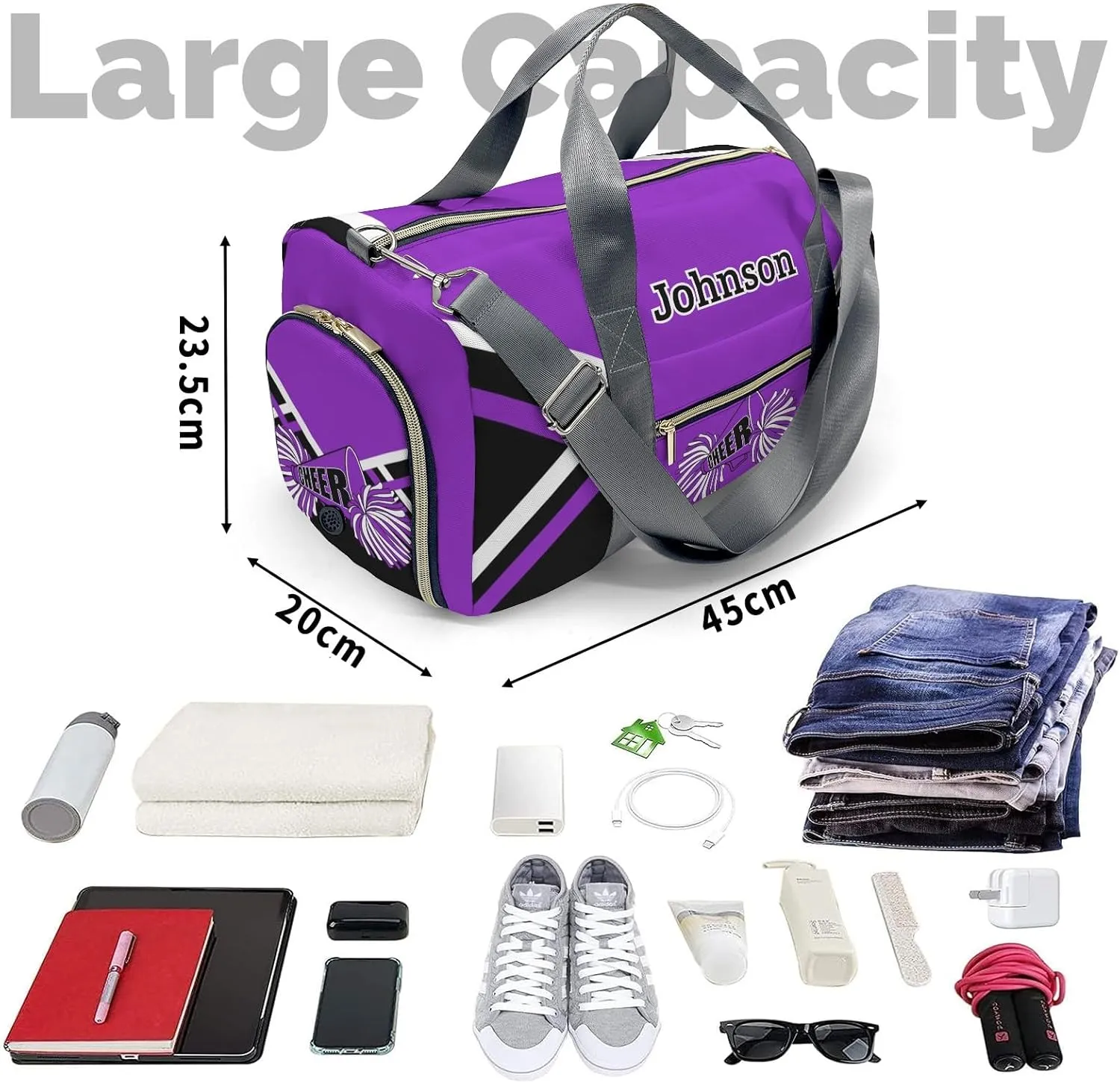 Custom Purple Cheer Cheerleader Multifunction Sport Duffel Bag Gym Travel Perform Training Weekender Bags Getaway Bags
