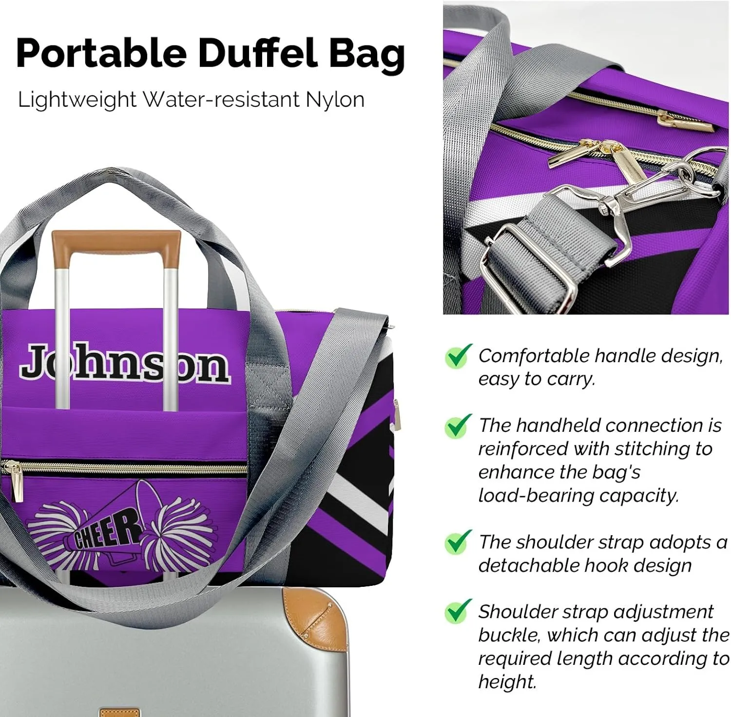 Custom Purple Cheer Cheerleader Multifunction Sport Duffel Bag Gym Travel Perform Training Weekender Bags Getaway Bags