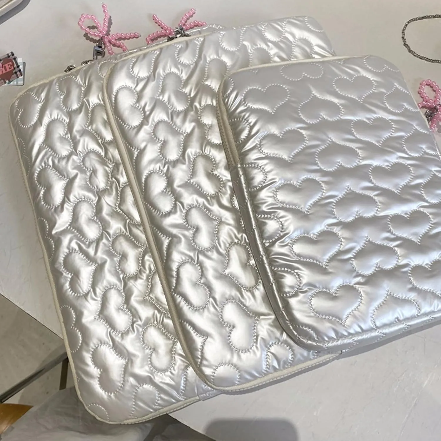 Cute Bow Laptop Sleeve for Women/Girl, Kawaii Heart Laptop Carrying Case Computer Bag Compatible with MacBook HP Dell ASUS Lenovo (Sliver Heart, 11 inch)