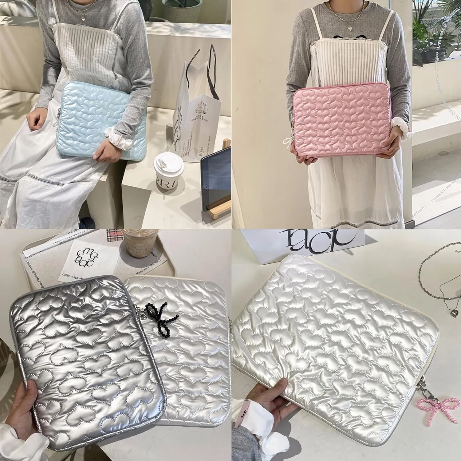 Cute Bow Laptop Sleeve for Women/Girl, Kawaii Heart Laptop Carrying Case Computer Bag Compatible with MacBook HP Dell ASUS Lenovo (Sliver Heart, 11 inch)