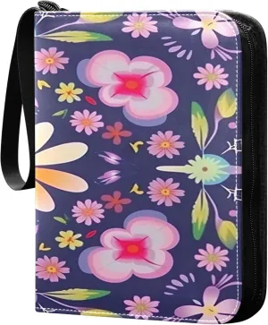 Cute Flower Pattern Card Binder 4 Pocket Collectible Trading Card Albums with 50 Sleeves Double Side PU Waterproof 3 Ring for Sports & Game Cards