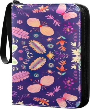 Cute Flower Pattern Card Binder 4 Pocket Collectible Trading Card Albums with 50 Sleeves Double Side PU Waterproof 3 Ring for Sports & Game Cards