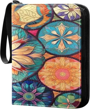 Cute Flower Pattern Card Binder 4 Pocket Collectible Trading Card Albums with 50 Sleeves Double Side PU Waterproof 3 Ring for Sports & Game Cards