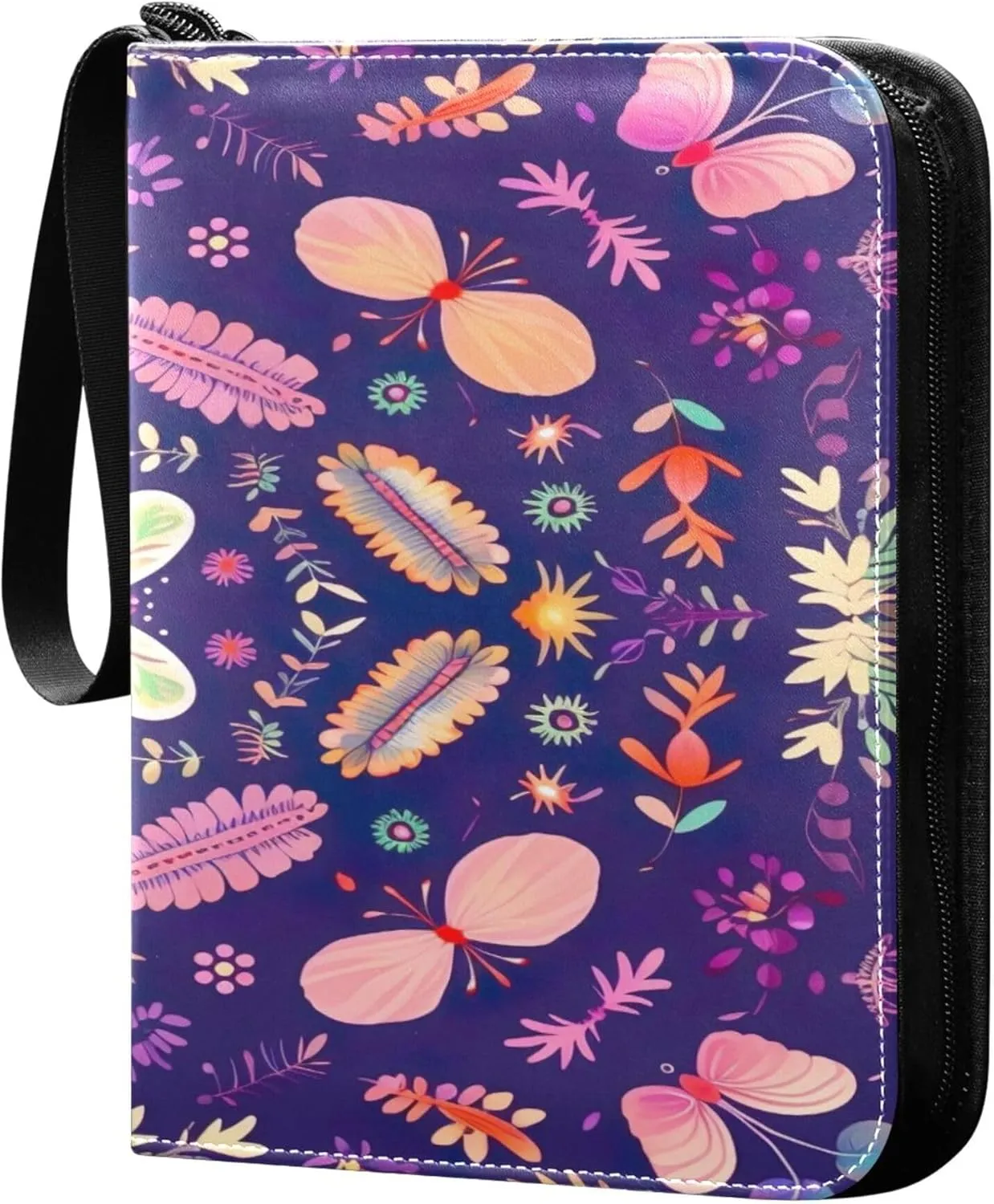 Cute Flower Pattern Card Binder 4 Pocket Collectible Trading Card Albums with 50 Sleeves Double Side PU Waterproof 3 Ring for Sports & Game Cards