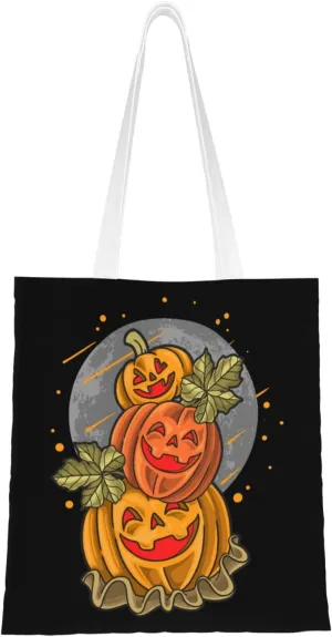Cute Pumpkin Three Brothers Tote Bag for Women Canvas Shopping Bags Reusable Large Capacity Casual Shoulder Handbags Grocery Bags DIY Gift Bags