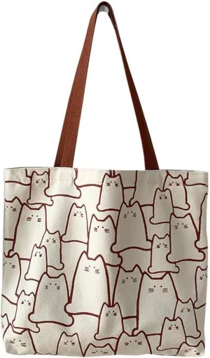Cute Tote Bag for Women with Zipper, Funny Purse with Cats Dogs Large Canvas Shoulder Bag Handbag