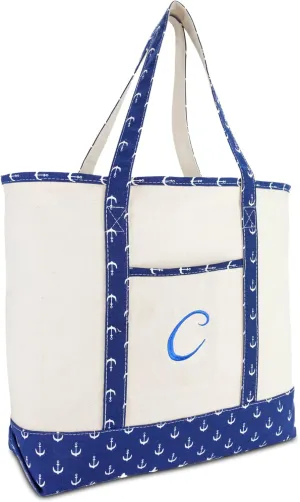 DALIX Large Tote Bag Shoulder Bags Personalized Gifts Ballent Blue Anchor A - Z