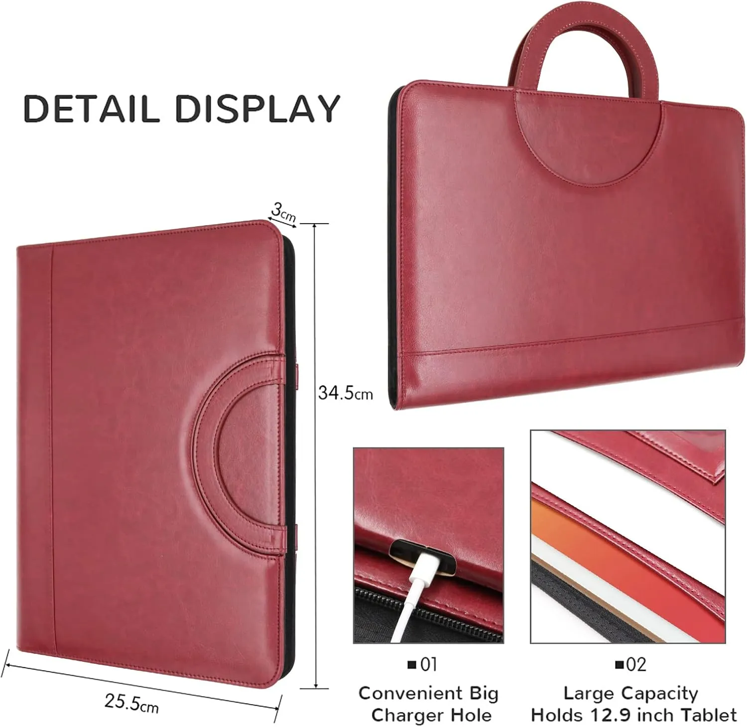 Darolin Zippered Leather Padfolio Portfolio with Hidden Handle and Clipboard, Business Conference Organizer Notepad Folder, Portfolio Bag, Padfolio for Women/Men (Redwine)