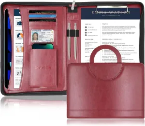 Darolin Zippered Leather Padfolio Portfolio with Hidden Handle and Clipboard, Business Conference Organizer Notepad Folder, Portfolio Bag, Padfolio for Women/Men (Redwine)