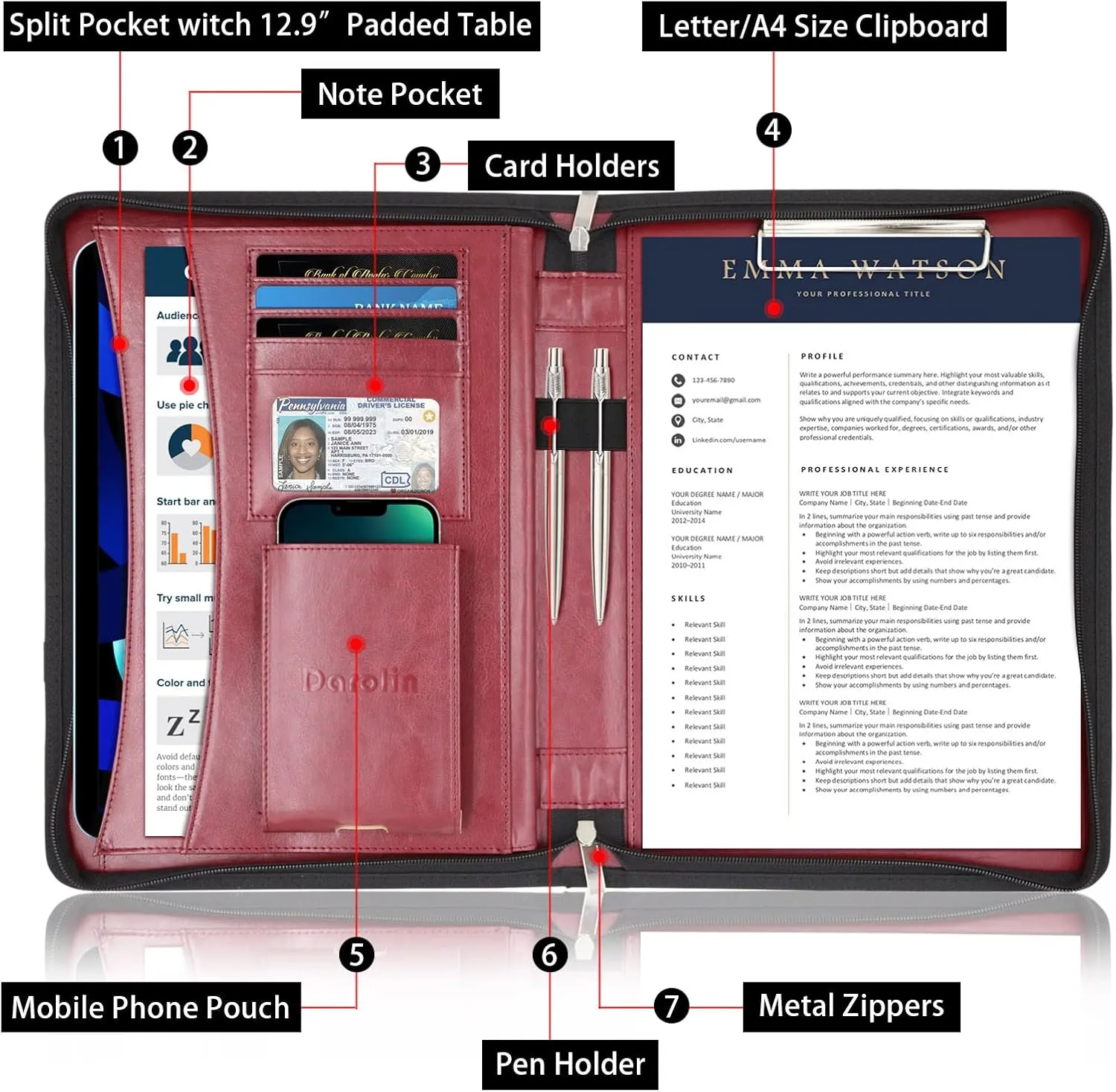 Darolin Zippered Leather Padfolio Portfolio with Hidden Handle and Clipboard, Business Conference Organizer Notepad Folder, Portfolio Bag, Padfolio for Women/Men (Redwine)