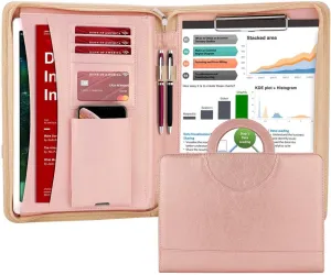 Darolin Zippered Leather Padfolio Portfolio with Hidden Handle and Clipboard, Business Conference Organizer Notepad Folder, Portfolio Bag, Padfolio for Women/Men (Rosegold)