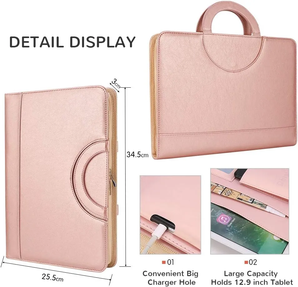 Darolin Zippered Leather Padfolio Portfolio with Hidden Handle and Clipboard, Business Conference Organizer Notepad Folder, Portfolio Bag, Padfolio for Women/Men (Rosegold)