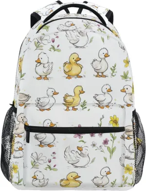 Day Backpack for Teacher Nurse Waterproof Carry On Backpacks with Chest Strap for College Work Cartoon Cute Pet Duck White