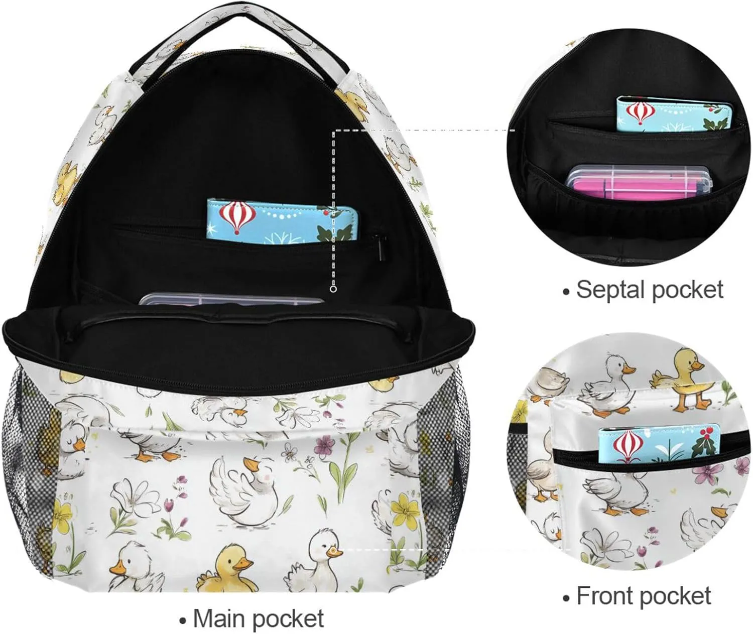 Day Backpack for Teacher Nurse Waterproof Carry On Backpacks with Chest Strap for College Work Cartoon Cute Pet Duck White