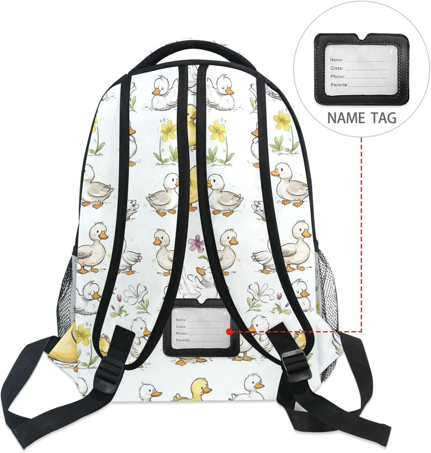 Day Backpack for Teacher Nurse Waterproof Carry On Backpacks with Chest Strap for College Work Cartoon Cute Pet Duck White