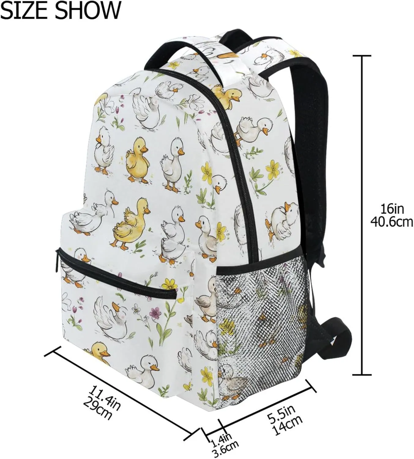 Day Backpack for Teacher Nurse Waterproof Carry On Backpacks with Chest Strap for College Work Cartoon Cute Pet Duck White