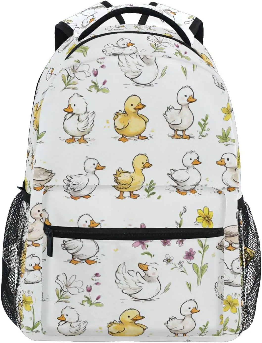 Day Backpack for Teacher Nurse Waterproof Carry On Backpacks with Chest Strap for College Work Cartoon Cute Pet Duck White