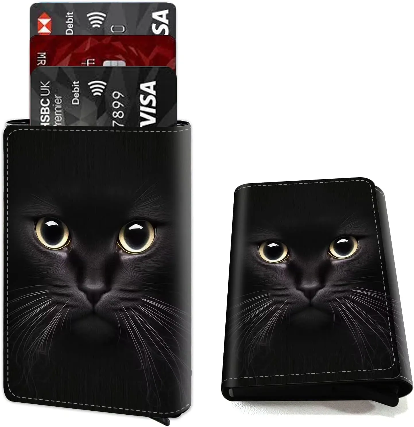 DEGDFSGR Credit Card Holder Aluminum Auto Pop Up Wallet Case,Leather Card Case Front Pocket Trifold Wallet with RFID Blocking Banknote Slot Thin Wallets for Women Men Girl,Big Cat Eyes