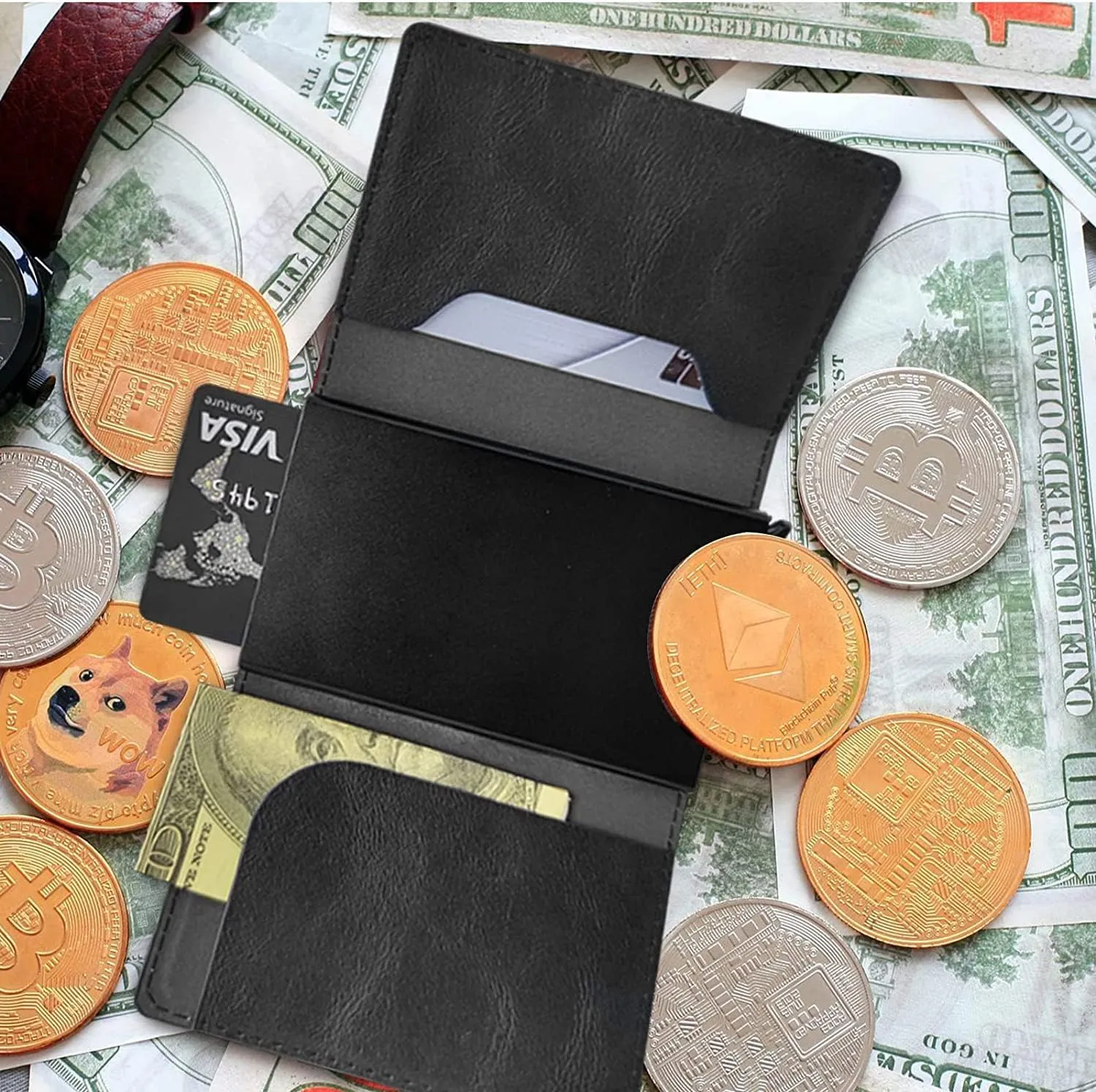 DEGDFSGR Credit Card Holder Aluminum Auto Pop Up Wallet Case,Leather Card Case Front Pocket Trifold Wallet with RFID Blocking Banknote Slot Thin Wallets for Women Men Girl,Big Cat Eyes