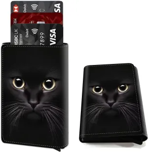 DEGDFSGR Credit Card Holder Aluminum Auto Pop Up Wallet Case,Leather Card Case Front Pocket Trifold Wallet with RFID Blocking Banknote Slot Thin Wallets for Women Men Girl,Big Cat Eyes