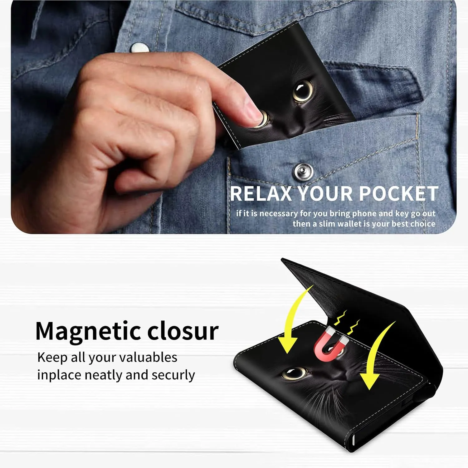 DEGDFSGR Credit Card Holder Aluminum Auto Pop Up Wallet Case,Leather Card Case Front Pocket Trifold Wallet with RFID Blocking Banknote Slot Thin Wallets for Women Men Girl,Big Cat Eyes