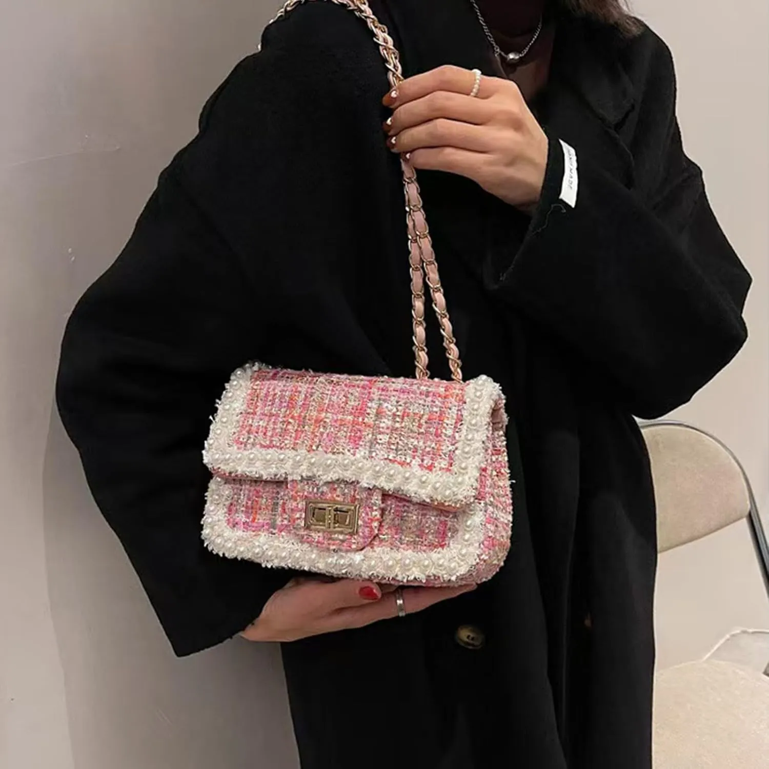 Designer Chain Shoulder Purse for Women Trendy Ladies Quilted Crossbody Bag Clucth Handbags Evening Bag Tweed Purses