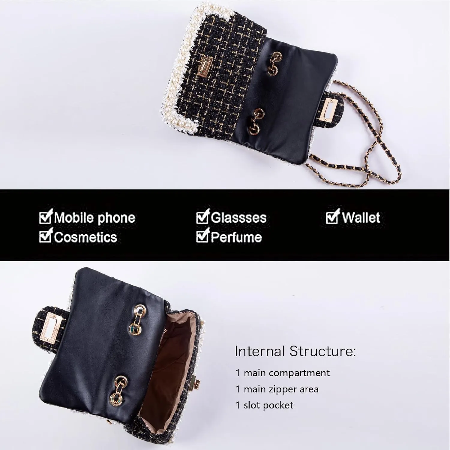 Designer Chain Shoulder Purse for Women Trendy Ladies Quilted Crossbody Bag Clucth Handbags Evening Bag Tweed Purses