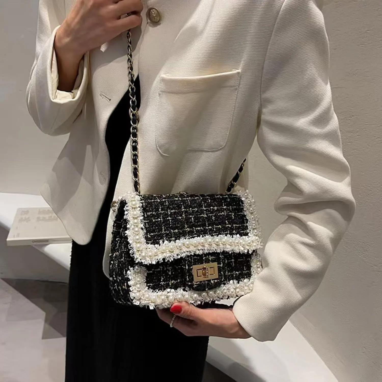 Designer Chain Shoulder Purse for Women Trendy Ladies Quilted Crossbody Bag Clucth Handbags Evening Bag Tweed Purses
