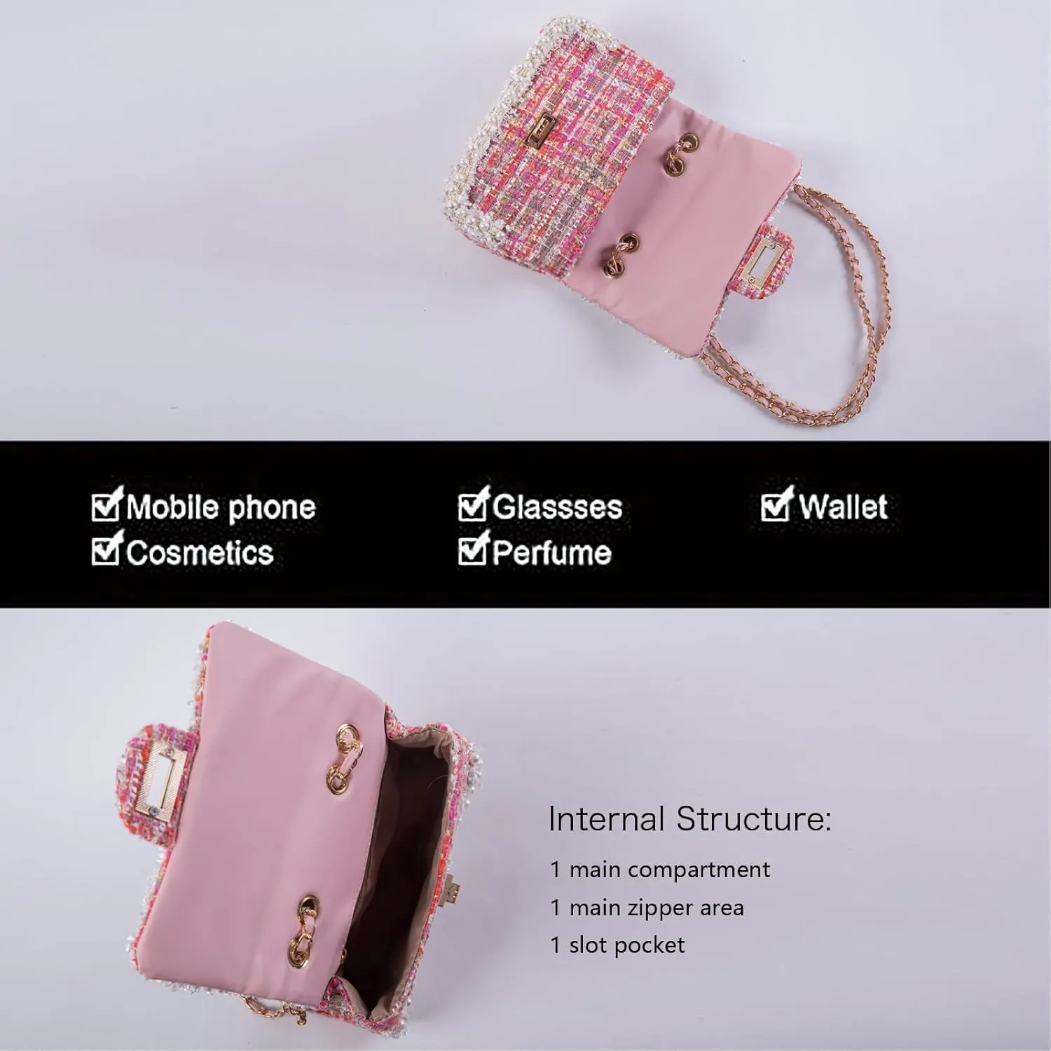 Designer Chain Shoulder Purse for Women Trendy Ladies Quilted Crossbody Bag Clucth Handbags Evening Bag Tweed Purses