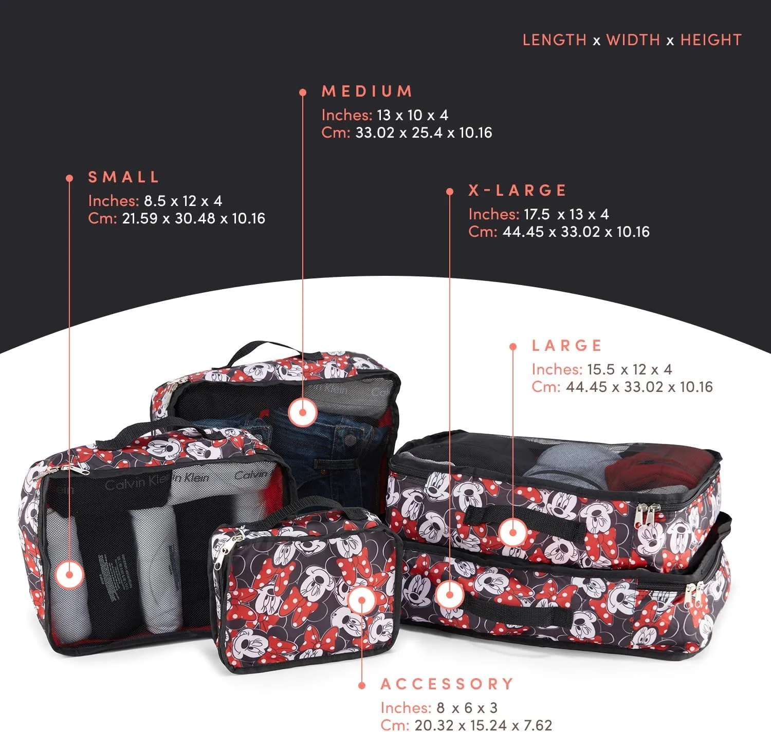 Disney Minnie Mickey Stitch Packing Cubes - Winnie the Pooh, Princess Cinderella, Cars, Toy Story 5 Piece Packing Cubes Compression - Travel Essential - Luggage Suitcase Organizer Set