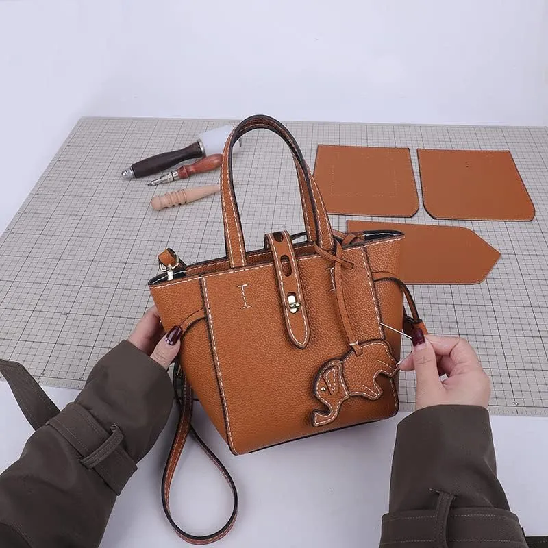 DIY Bag Satchel Purse Wallet Tote Making Kit PU Leather Material Pattern Accessory Handmade Handbag Shoulder Bag Sew Sewing Knitting Stitching Craft Tool Set Birthday Holiday Day Gift Video Sub