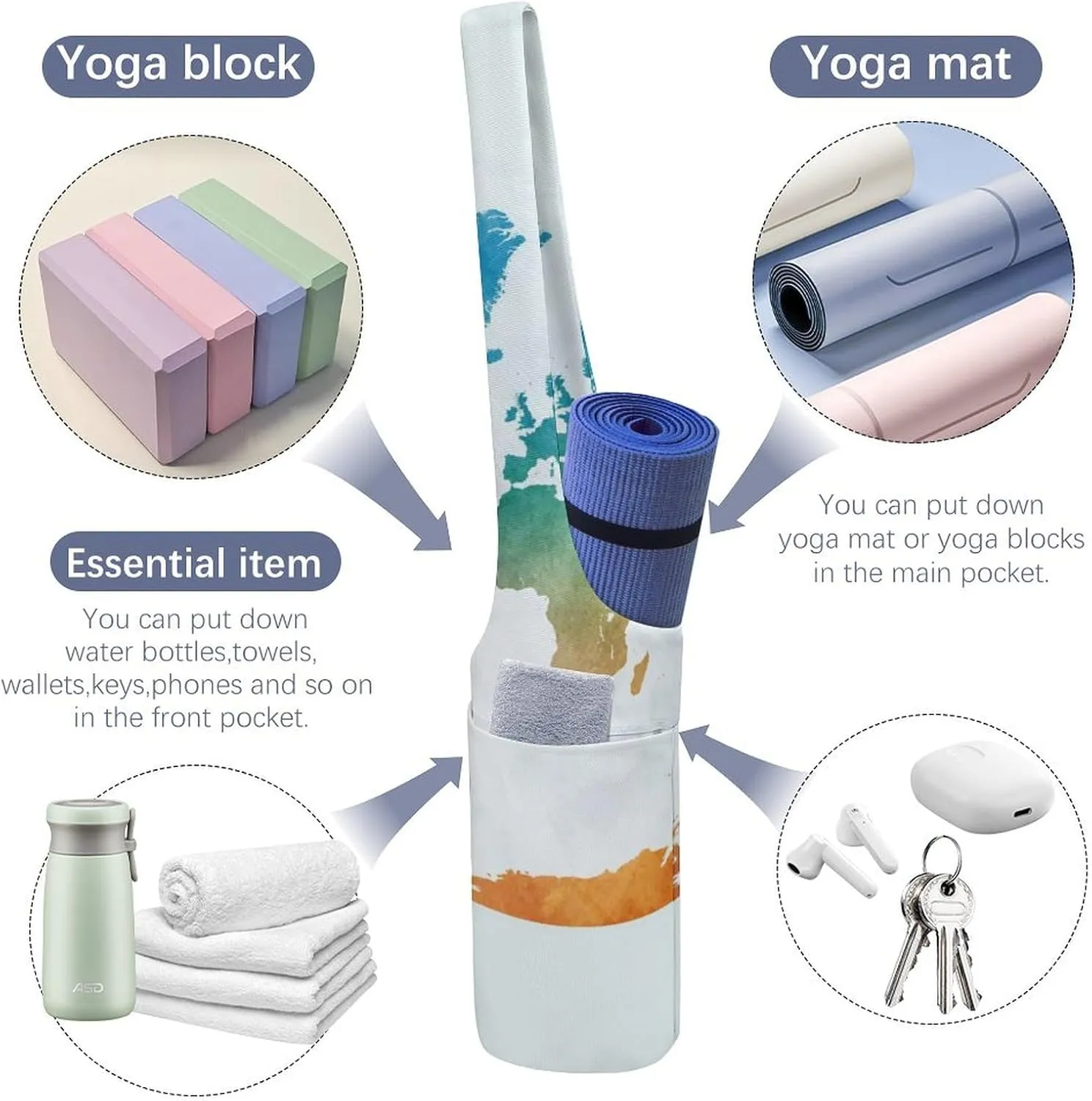 Donnapink Yoga Mat Bag, Canvas Storage Bag with Pocket Shoulder Strap, Fashion Mat Bag