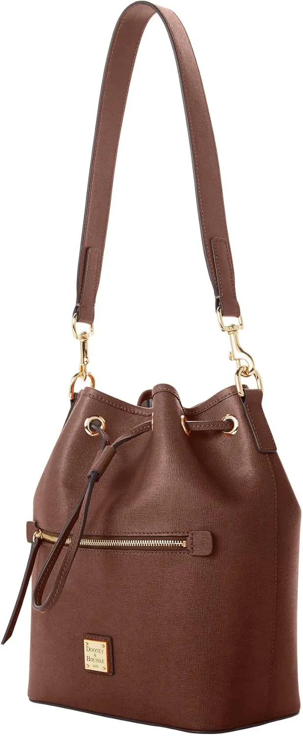 Dooney & Bourke Handbags for Women, Saffiano Drawstring Leather Bucket Bag with Wide Shoulder Strap - Brown