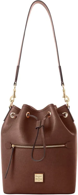 Dooney & Bourke Handbags for Women, Saffiano Drawstring Leather Bucket Bag with Wide Shoulder Strap - Brown