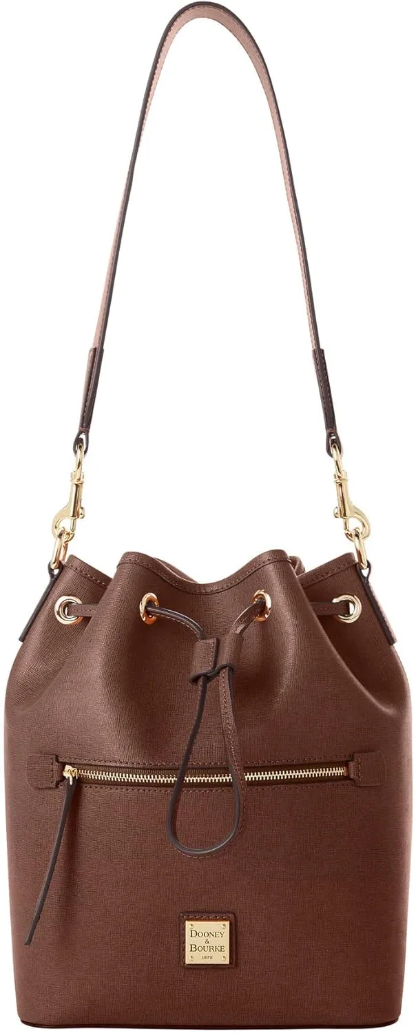 Dooney & Bourke Handbags for Women, Saffiano Drawstring Leather Bucket Bag with Wide Shoulder Strap - Brown