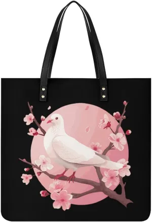 Dove Pigeon Bird Japanese Cherry Flowers Tote Bag for Women PU Leather Purses Handbags Shoulder Bag for Top Handle