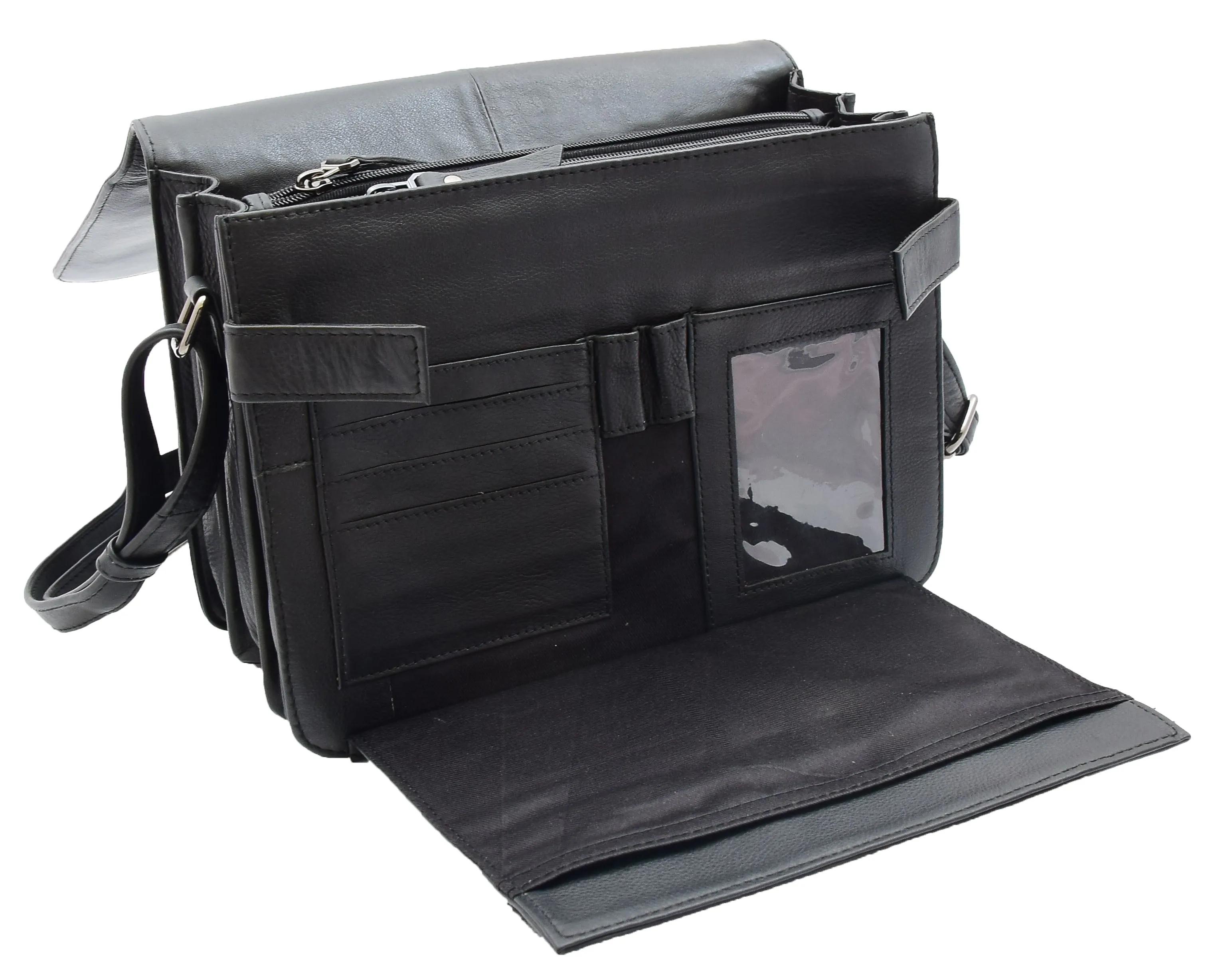 DR352 Women's Leather Cross Body Bag Flap Over Messenger Office Organiser Black