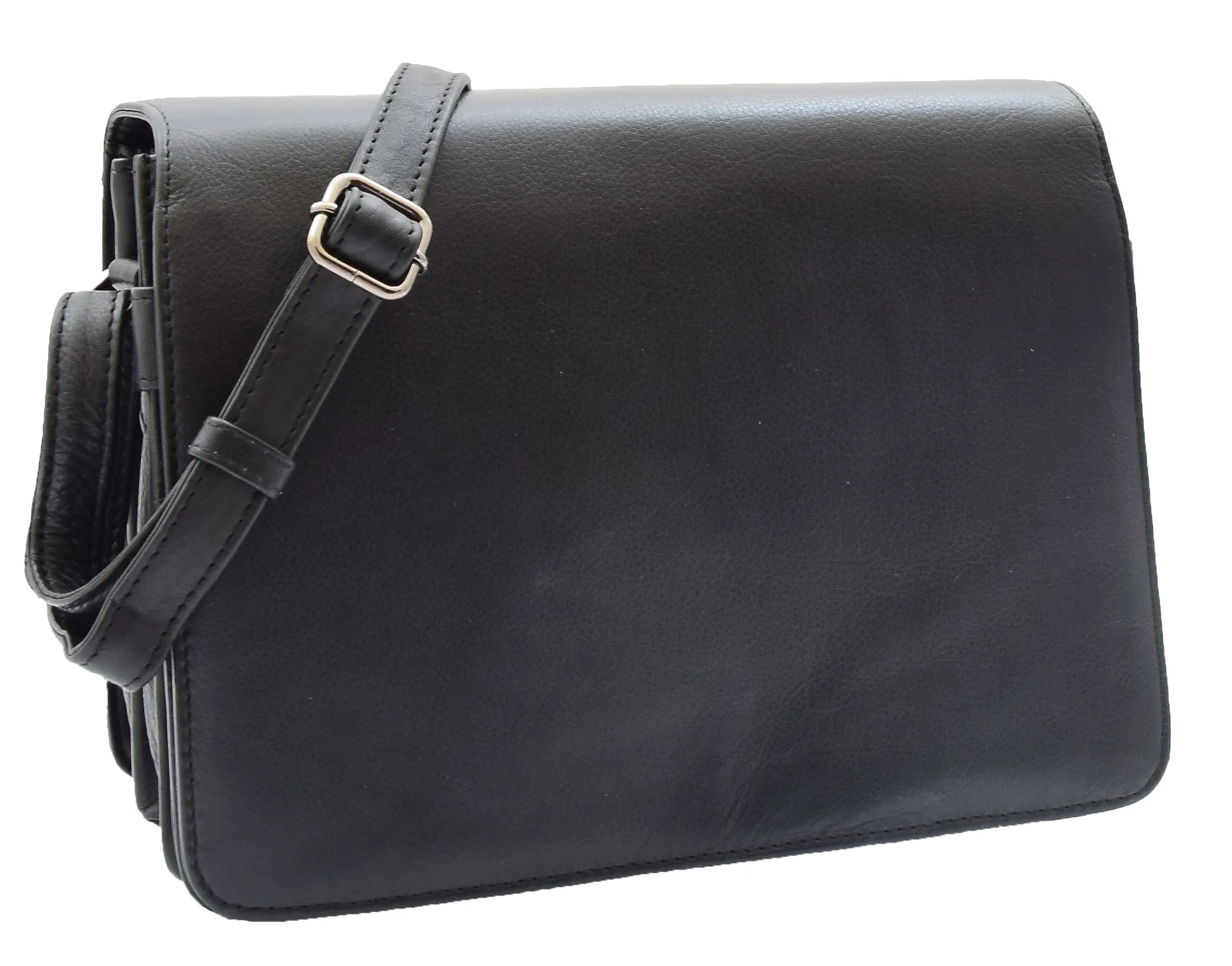 DR352 Women's Leather Cross Body Bag Flap Over Messenger Office Organiser Black